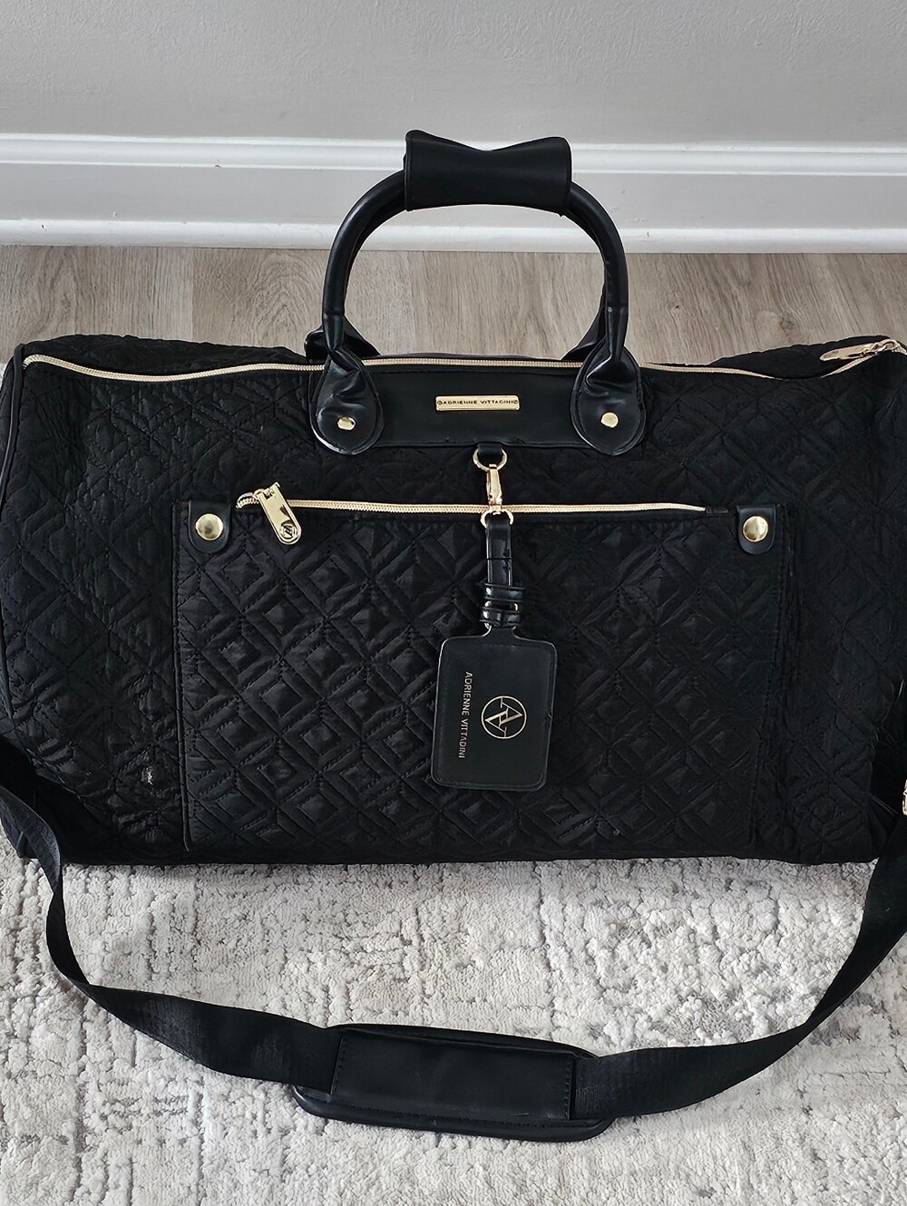 Adrienne Vittadini Black Quilted Weekender Duffel Travel Bag Gold Hardware